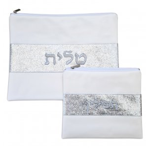 Tallit and Tefillin Bag in Off-White Faux Leather  Glittering Silver Band Embroidered