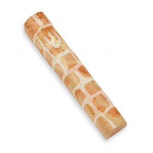 Jerusalem Stone Mezuzah Case with Western Wall Image, Brown and White - 4.3"